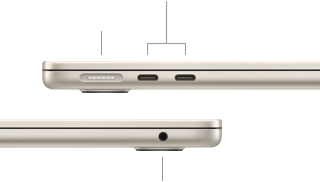 MacBook Air, zugeklappt, linke Seite mit MagSafe und zwei Thunderbolt Anschlüssen, rechte Seite mit Kopfhöreranschluss